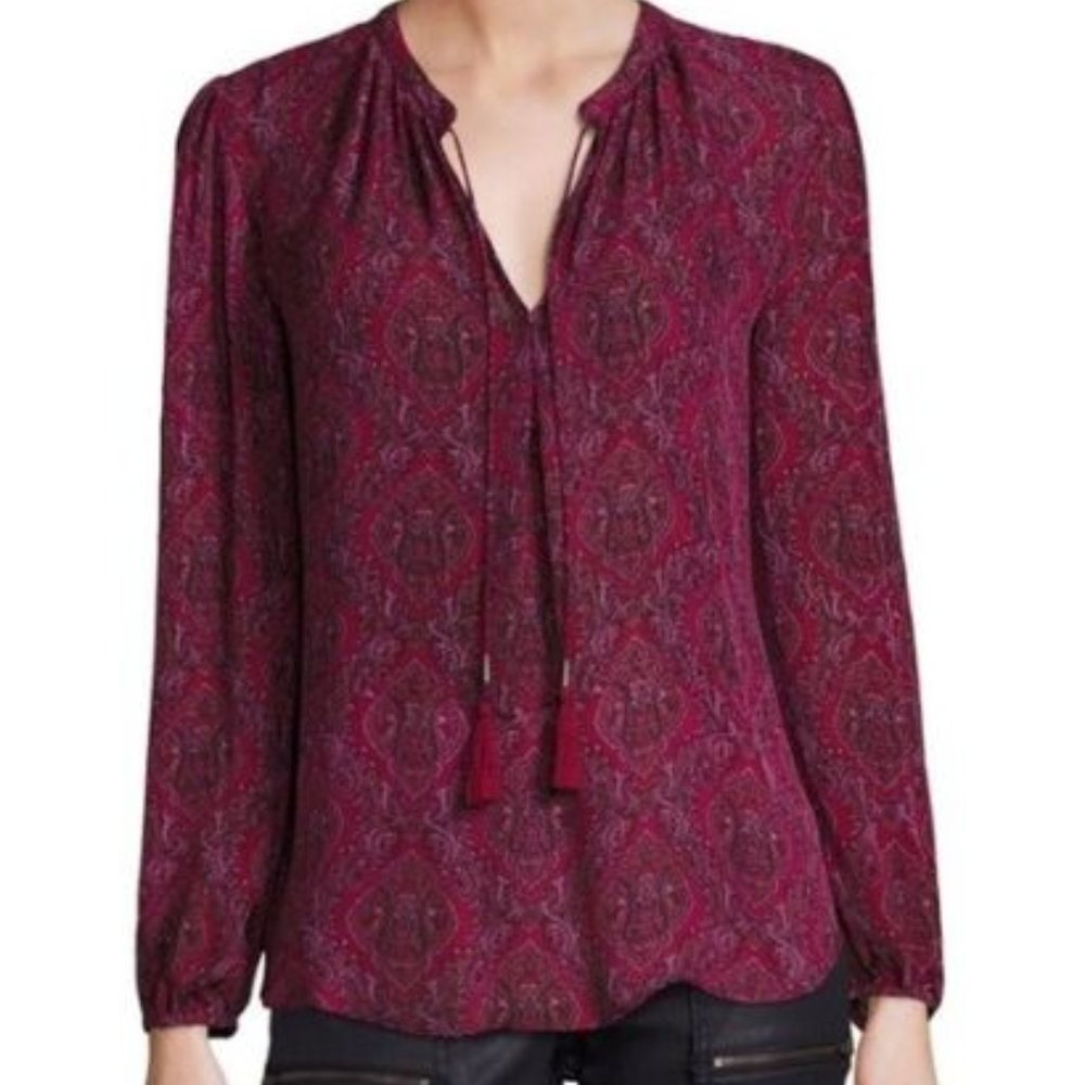 Joie 100% Silk Calla B V-neck Tassel Tie Long Sleeve Top Cabernet Red